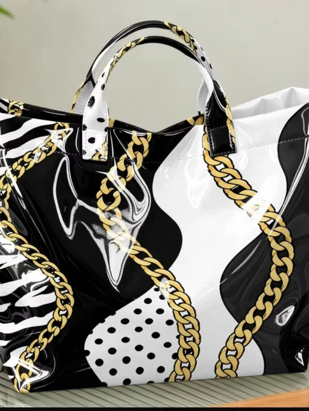 Women Animal Chain Print Glossy Hand Tote Bag Large Daily Commuter Tote